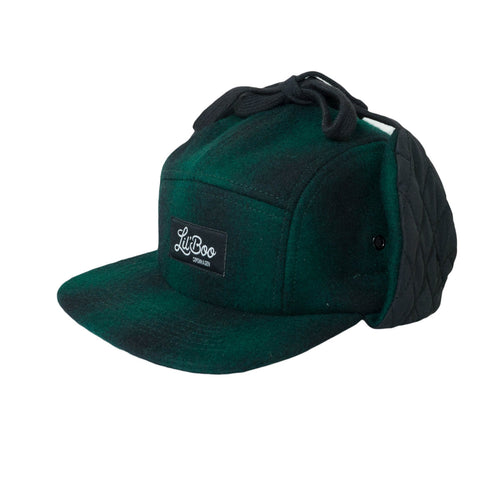 Ull 5-panel Caps med Ørevarmere - Grønn/Svart (Str. XL, 7-14 år)