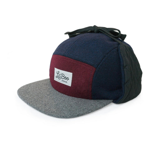 Ullblokk 5-panel Caps med Øreklaffer - Burgunder / Grå / Marineblå (Størrelse XL, 7-14 år)