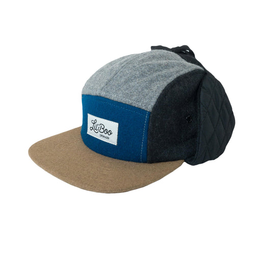 Ullblokk 5-panel Caps med Øreklaffer - Grå/Blå (Str. L, 4-7 år)