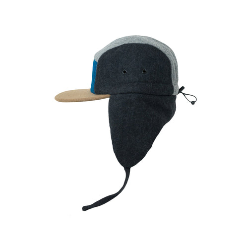 Ullblokk 5-panel Caps med Øreklaffer - Grå/Blå (Str. L, 4-7 år)