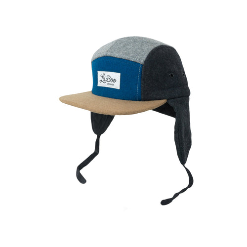Ullblokk 5-panel Caps med Øreklaffer - Grå/Blå (Str. L, 4-7 år)