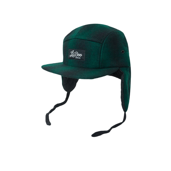 Ull 5-panel Caps med Øreklaffer - Grønn/Svart (Str. M, 1,5-3 år)
