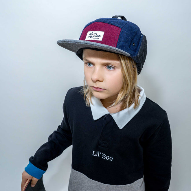 Ullblokk 5-panel Caps med Ørevarmere - Burgunder / Grå / Marineblå (Str. M, 1,5-3 år)