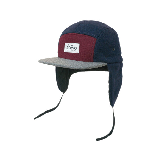 Ullblokk 5-panel Caps med Øreklaffer - Burgunder / Grå / Marineblå (Størrelse XL, 7-14 år)